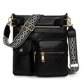 Borsa a tracolla in pelle PU nera con design multitasche e cinturino bohémien - Nero