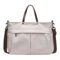 Grande borsa tote in nylon beige con manici in pelle marrone e tracolla regolabile - Bianco Sporco