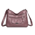 Multi-layer purple soft leather crossbody bag with adjustable strap and zip compartments - Purple