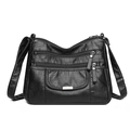 Bolso de hombro clásico de piel suave negra con múltiples bolsillos con cremallera - Negro