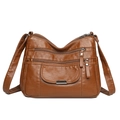 Brown multi-layer soft leather crossbody bag with silver zippers and adjustable strap - Brown