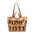 Brown paper texture women's tote bag with shiny finish and black printed text - Brown