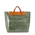 Deep green Tyvek tote bag with brown leather handles and LIGHT FASHION text print - Green