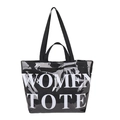 Glossy black tote bag with white Women Tote lettering and canvas handles - Black
