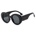 Fashionable oversized oval black sunglasses with textured plaid pattern on temples - Regular / Bright Black Frame Grey Lens