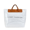 White DuPont paper tote bag with LIGHT FASHION print and brown leather handles - White