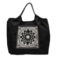 Bolso tote negro con bordado paisley y asas de cuerda para compras diarias de moda - Negro
