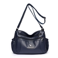 Navy blue multi-pocket faux leather shoulder bag with adjustable strap and zip layers - Blue