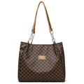 Grand sac cabas en simili cuir vintage avec motif classique et bandoulière chaîne - Marron