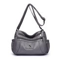 Grey multi-pocket shoulder bag with litchi grain texture and front zipper compartments - Gray