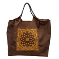 Bolso tote marrón oscuro con bordado de mandala dorado y asas de cuerda trenzada bicolor - Marrón
