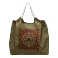 Olive green nylon tote bag with red paisley embroidery and black-white rope handles - Green