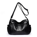 Black multi-layer crossbody shoulder bag with adjustable strap and silver metal logo - Black