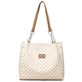 Sac fourre-tout beige avec motif monogramme marron et anses en cuir chaînés - Blanc