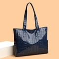 Dark blue crocodile pattern tote bag with glossy finish on orange background - Blue