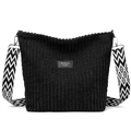 Large black corduroy tote bag with geometric wide strap and silver metal hooks - Black