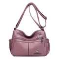 Deep red soft leather crossbody bag with multiple zip pockets and adjustable strap - Purple