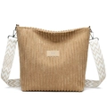 Brown corduroy tote bag with textured stripes and decorative geometric wide strap - Khaki