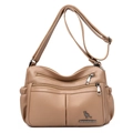 Khaki pebbled leather crossbody bag with multi-layer zippers and adjustable strap - Khaki