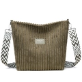 Army green corduroy tote bag with patterned wide shoulder strap and logo detail - Green
