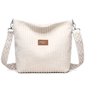 Cream corduroy large capacity tote bag with geometric diamond patterned wide strap - White