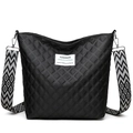 Black quilted crossbody bag with diamond pattern and adjustable jacquard shoulder strap - Black