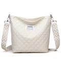 Chic beige quilted puffer shoulder bag with geometric woven strap and logo patch - White