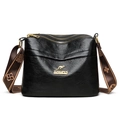 Black multi-zip crossbody bag for women with pebble leather texture and patterned strap - Black