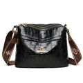 Black crocodile pattern crossbody bag with golden kangaroo logo and wide floral strap - Crocodile Pattern Black