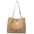 Beigefarbene Cord-Einkaufstasche mit Kettenriemen aus Leder und geprägtem Patch - Khaki