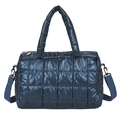 Borsa tote trapuntata blu scuro lucido con cuciture a quadri e tracolla rimovibile - Blu