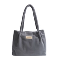 Grey corduroy tote bag with vertical stripes and fashion leather patch detail - Gray