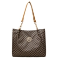 Brown tote bag with all-over M-pattern print and gold logo plaque on a white background - Brown