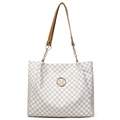 White monogram tote bag with brown straps and golden M logo detail in a large size - White