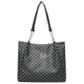 Chic monochrome tote bag with M-pattern print and golden metal circular logo - Black