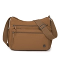 Brown nylon crossbody bag with multi-zipper pockets and wide adjustable strap - Caramel color