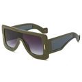 Futuristic olive green square sunglasses with wide temples and grey gradient lenses - Green Frame Double Gray Lenses