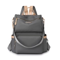 Women's dark grey high-capacity backpack with beige leather handles and gold zippers - Gray