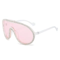 Oversized pink wrap-around pilot sunglasses with sparkling rhinestone-studded frames - Transparent Frame Pink Lens