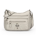 Borsa a tracolla in pelle morbida grigio chiaro con tasche multiple e ciondolo a cuore - Grigio
