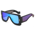 Futuristic oversized square sunglasses with black frame and blue mirrored lenses - Black Frame Green Mirror