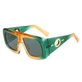 Oversized round sunglasses with green-orange gradient frame and gold ring detail - Green Yellow Frame Grey Lens