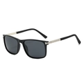 Classic black square polarized sunglasses for men with textured silver metal hinges - Regular / Sand Black Frame Grey Lens