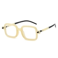Quadratische Retro-Brille in Beige mit dickem Cremerahmen und schwarzen Bügeln in Ansicht - Reisweißer Rahmen Klare Gläser