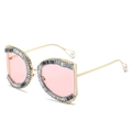 Oversized gold metal sunglasses with pink lenses, rectangle rhinestones, and pearl detail - Regular / Gold Frame Pink Lenses