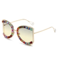 Oversized gold metal sunglasses with colorful rhinestones and white pearl temple tips - Regular / Gold Frame Green Tea Lens