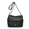 Borsa a tracolla retrò in pelle nera con multi zip, borchie e tracolla regolabile - Nero