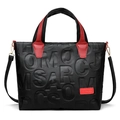 Bolso tote de cuero negro con letras en relieve y asas rojas en contraste para mujer - Negro y Rojo
