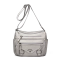 Borsa a tracolla grigio chiaro in ecopelle morbida con tasche multiple e zip - Bianco Grigiastro