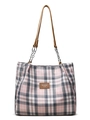 Bolso tote de cuadros rosa y azul con asas de cuero marrón y detalles de cadena - Rosa